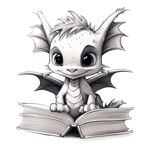 A drawing of a cute dragon reading a book